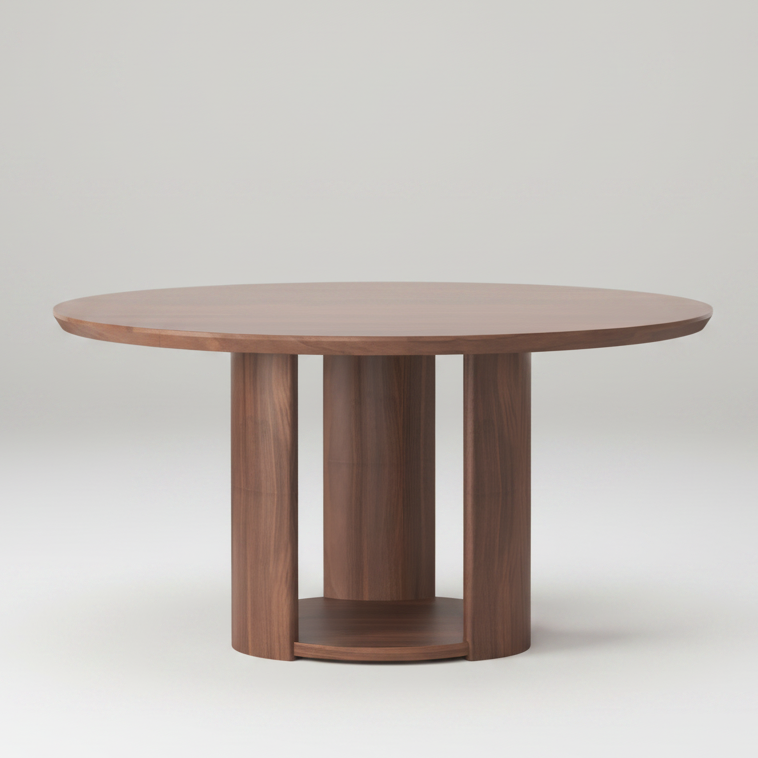 A round wooden dining table with a medium brown wood grain finish, featuring three cylindrical pedestal legs and a lower open shelf, shown on a solid white background.