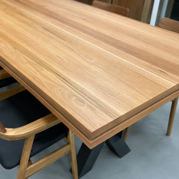 Metalico XY leg with Messmate timber table top with shadow groove line zoom