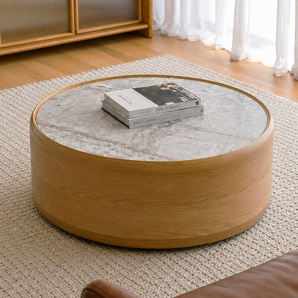 Mia : Round Coffee Table Natural Oak Marble Top