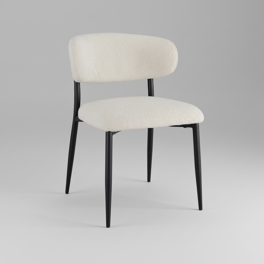 Off-white fabric dining chair with curved back, cushioned seat, and slender black legs.