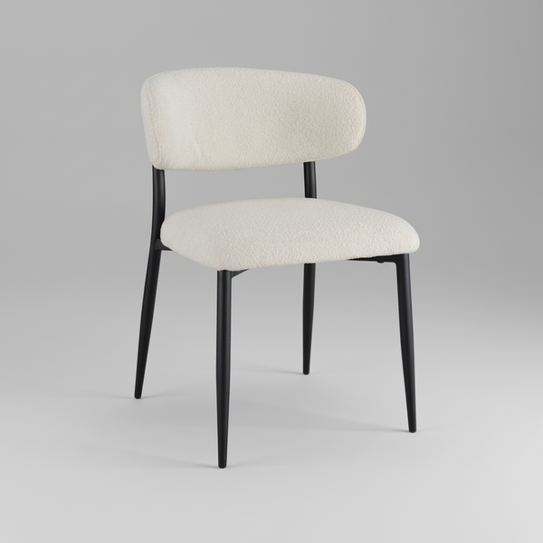 Off-white fabric dining chair with curved back, cushioned seat, and slender black legs.