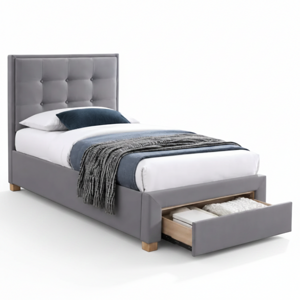 Milo Single Bed with Drawers Grey Fabric Single Bed Tufted Button Head Board
