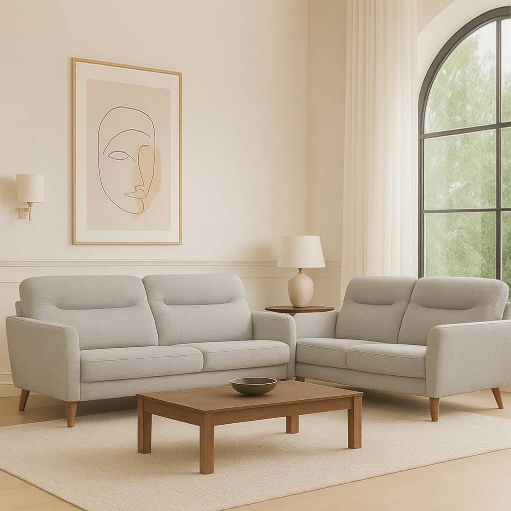 Light grey upholstered 3-seater and 2-seater sofa set with square arms