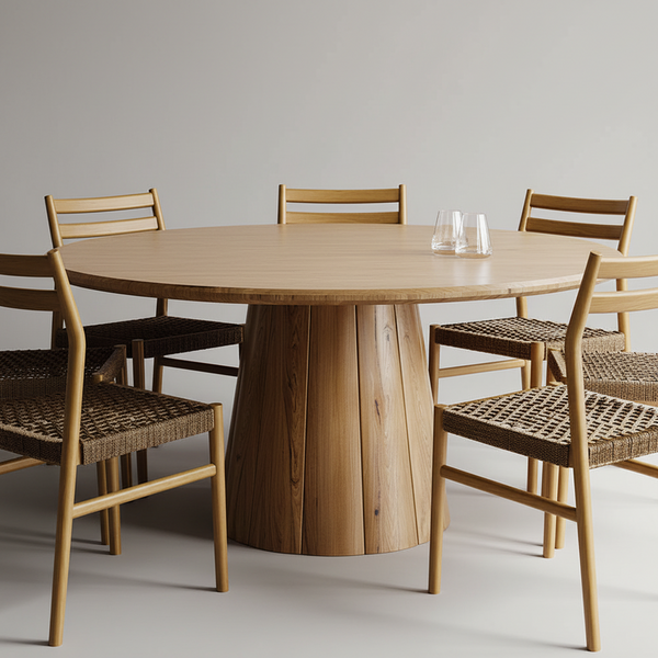 Round dining table with chestnut pedestal column and circular tabletop