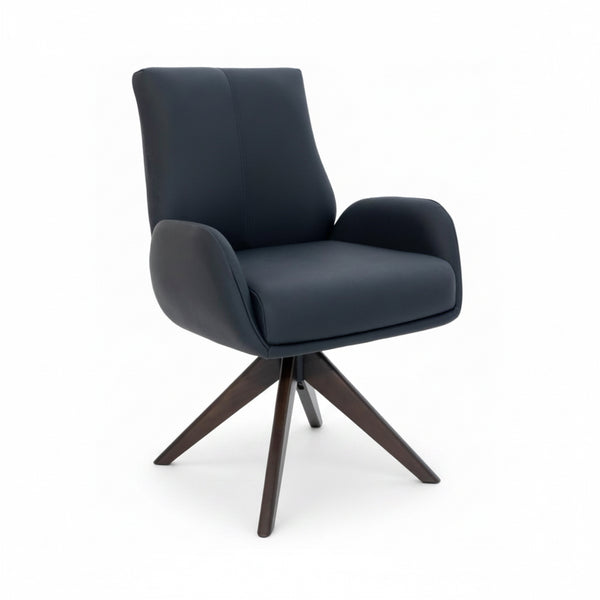Monti Swivel Dining Chair Black Leather Dark Walnut Base Front