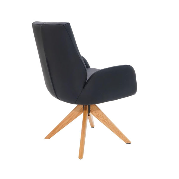 Monti Swivel Dining Chair Black Leather Natural Oak Base Back Angle