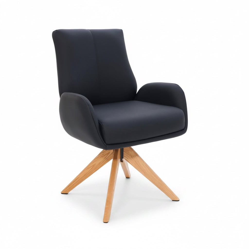 Monti Swivel Dining Chair Black Leather Natural Oak Base Front