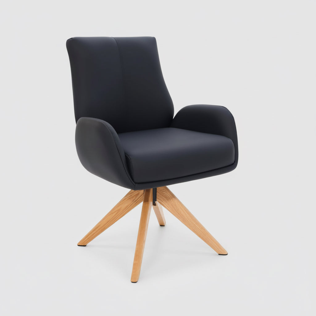 Monti Swivel Dining Chair Black Leather Natural Oak Base Front