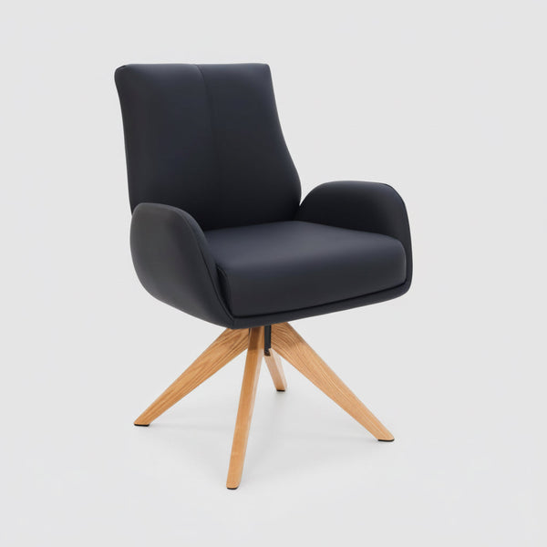Monti Swivel Dining Chair Black Leather Natural Oak Base Front