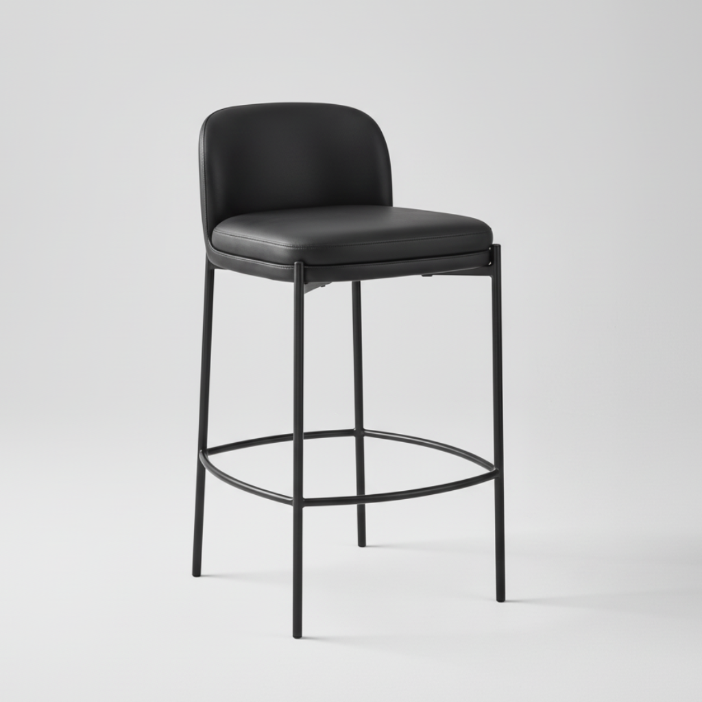 Black bar stool with upholstered seat and back, metal legs, round lower footrest