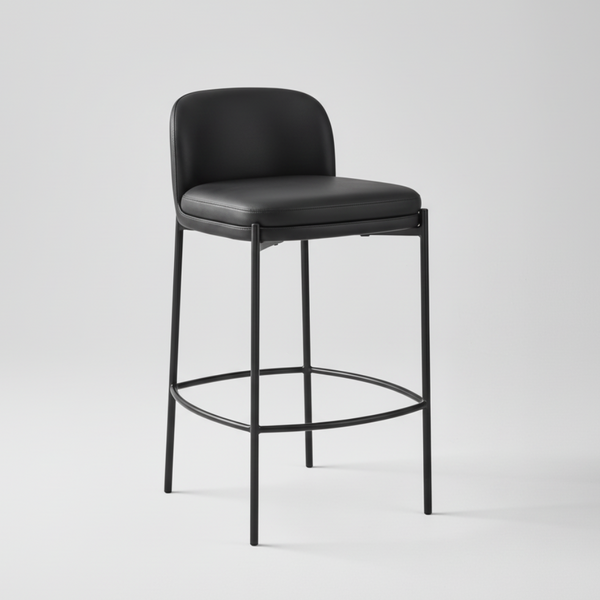 Black bar stool with upholstered seat and back, metal legs, round lower footrest