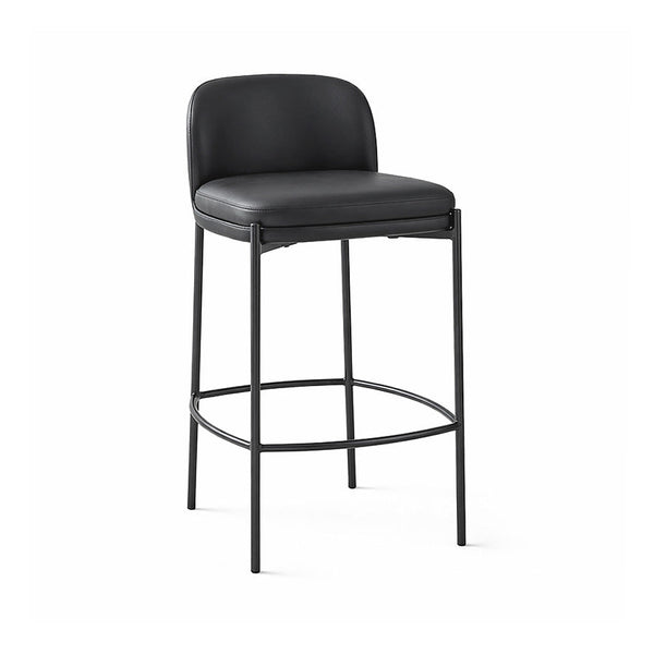 Black bar stool with padded seat and back, metal legs and circular footrest