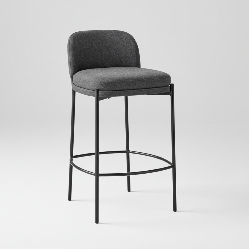 Charcoal fabric bar stool with rounded back, padded seat, and circular footrest