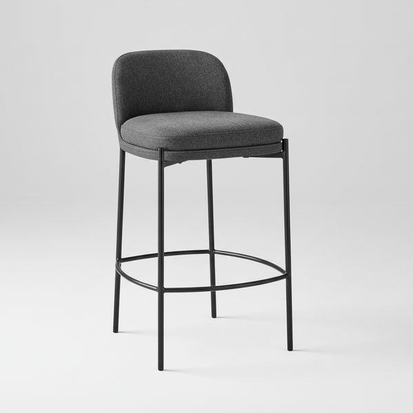 Charcoal fabric bar stool with rounded back, padded seat, and circular footrest