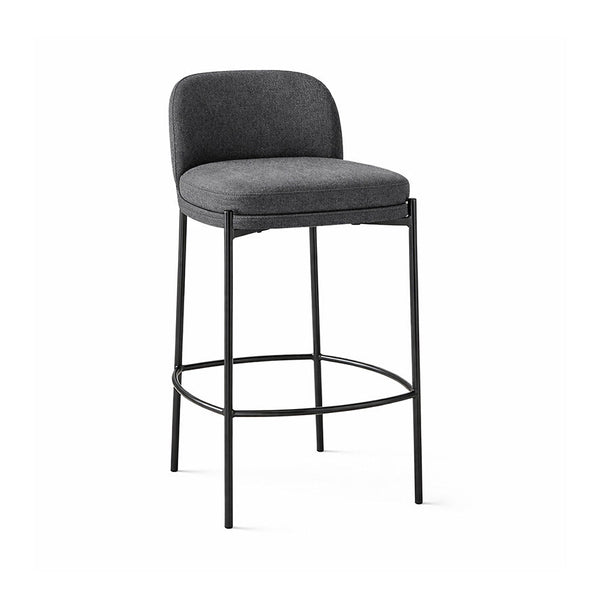 Charcoal fabric bar stool with curved back, padded seat, and black metal legs