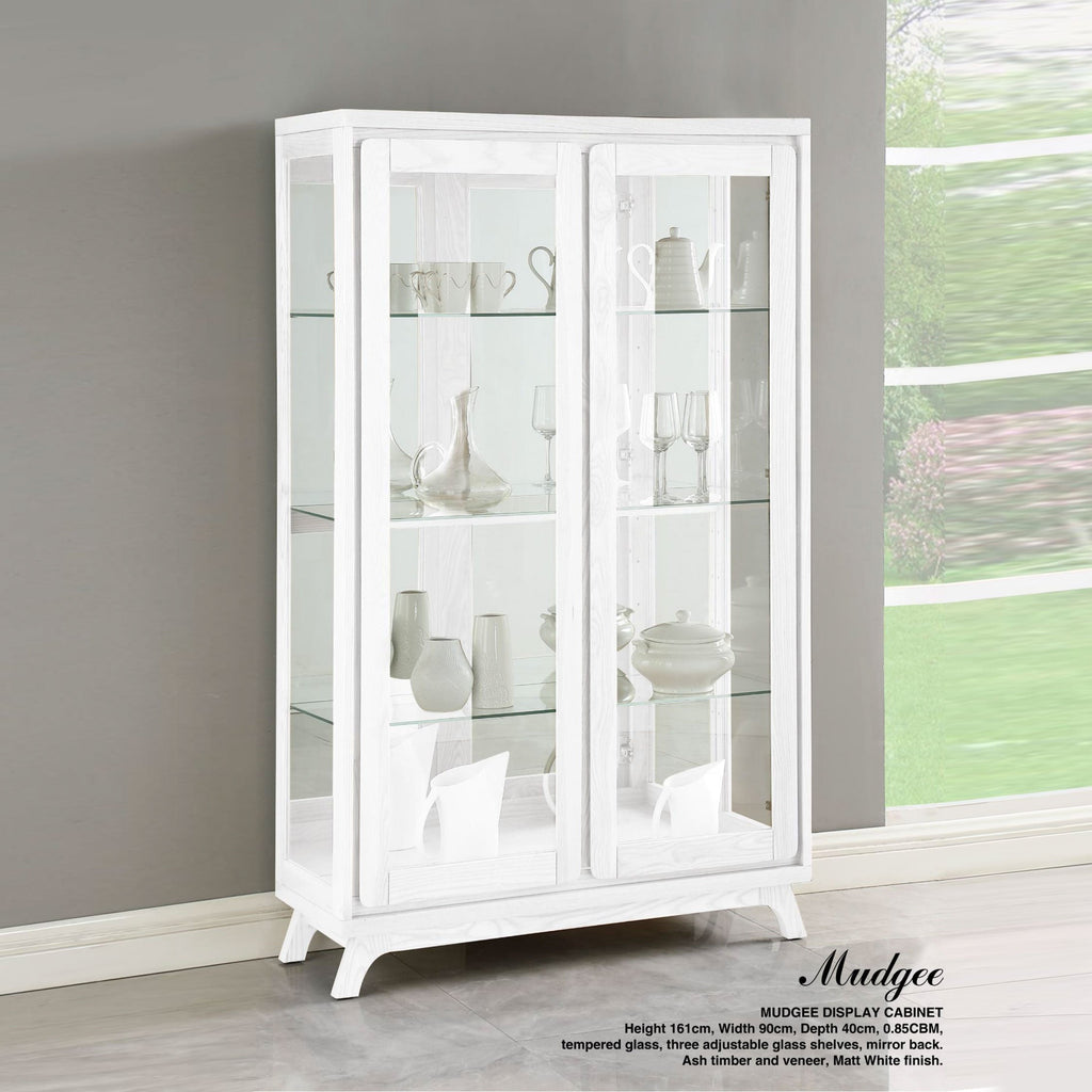 Mudgee matt white display cabinet with glass doors and shelves