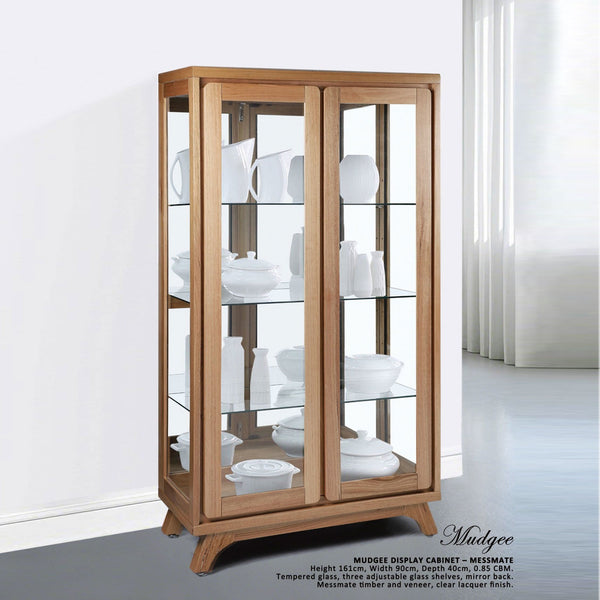 Messmate timber display cabinet with glass doors and four interior shelves