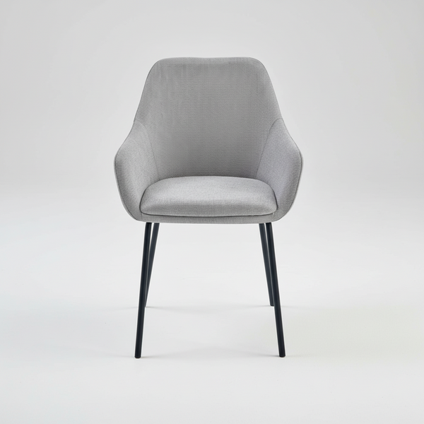 Grey upholstered dining chair, curved back and seat, black tapered legs