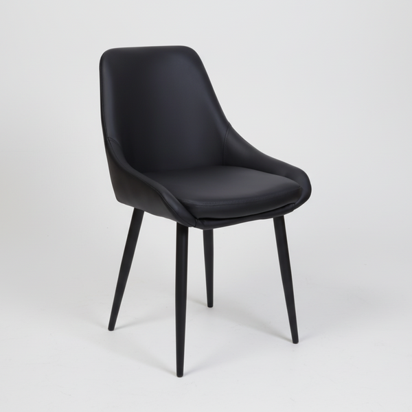 Black dining chair with cushioned seat, curved backrest, and four tapered legs