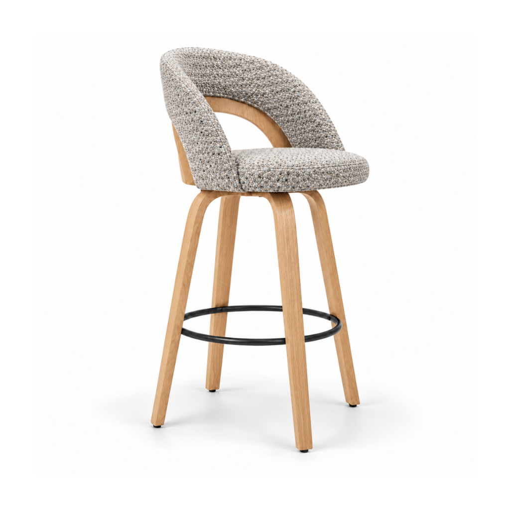 Mina Bar Stool | Pebble Fabric | Oak Frame