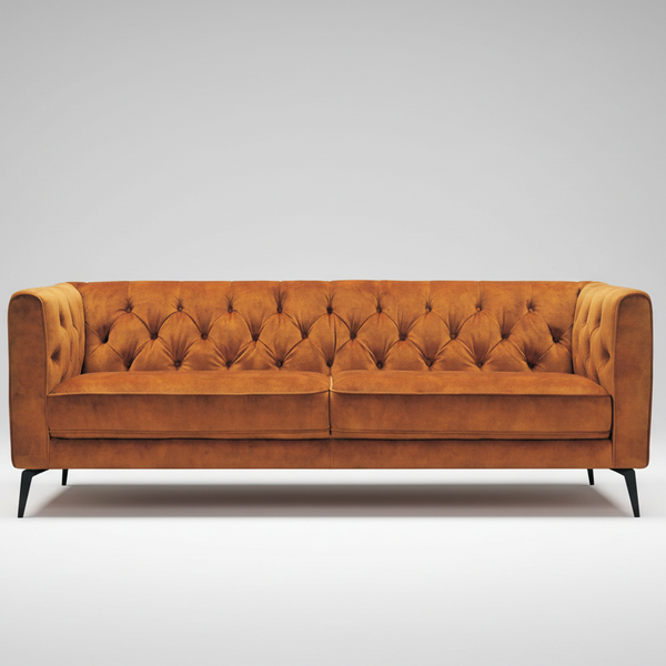 Chesterfield velvet sofa in rust-brown, tufted back and rolled arms
