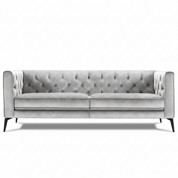 Chesterfield velvet sofa in light gray, tufted back and rolled arms