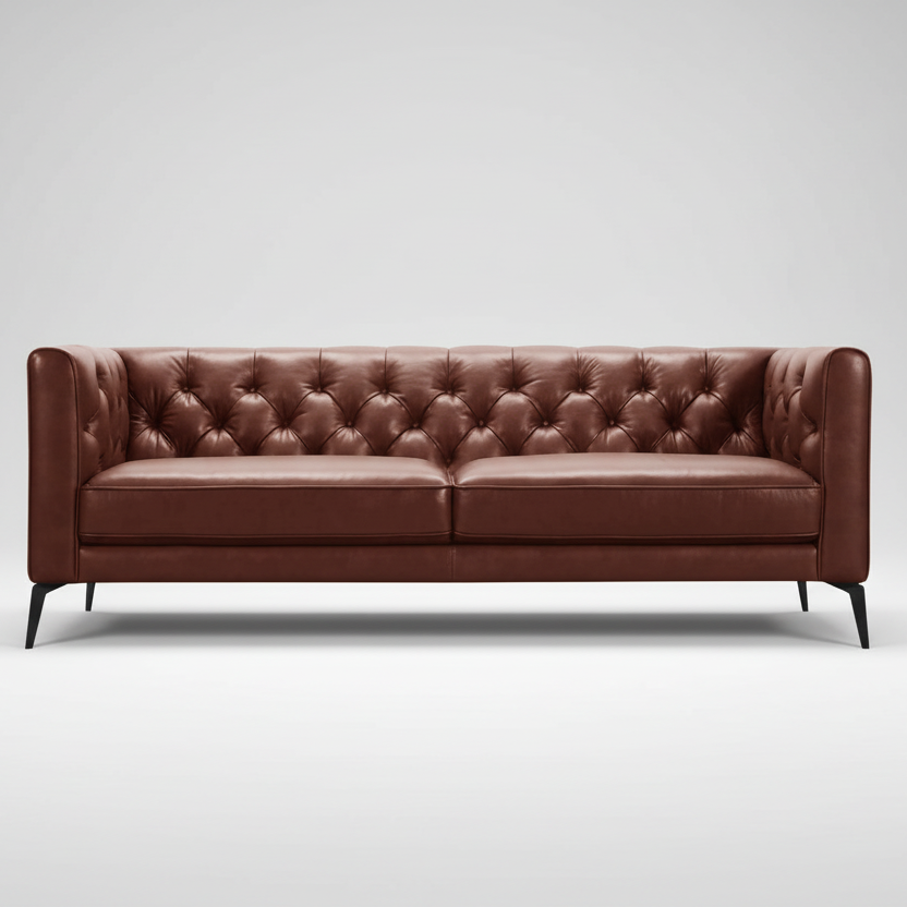 Brown leather Chesterfield sofa with deep button tufting and two-seat cushion base