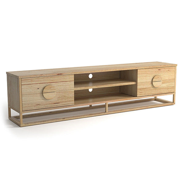 Light wood TV unit with two drawer fronts, open center shelf, and curved handles