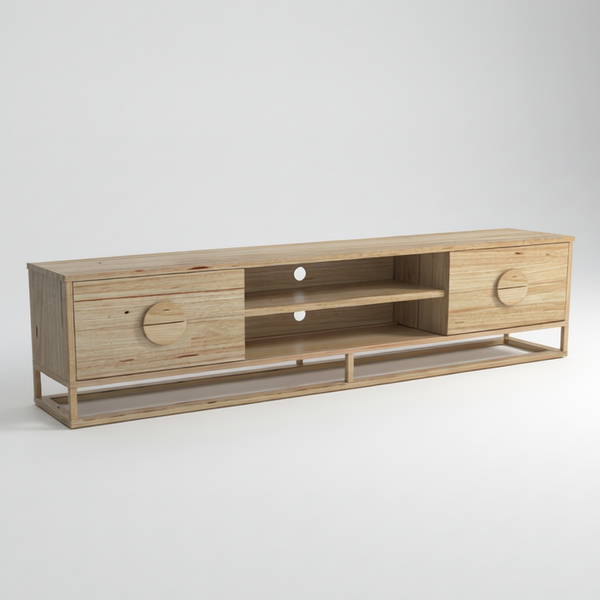 Light wood 2.2m TV unit with two shelves, two drawers, and rounded side handles