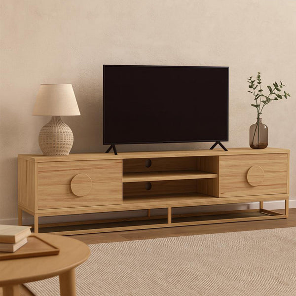 Light wood TV console with open shelf center and rounded door handles
