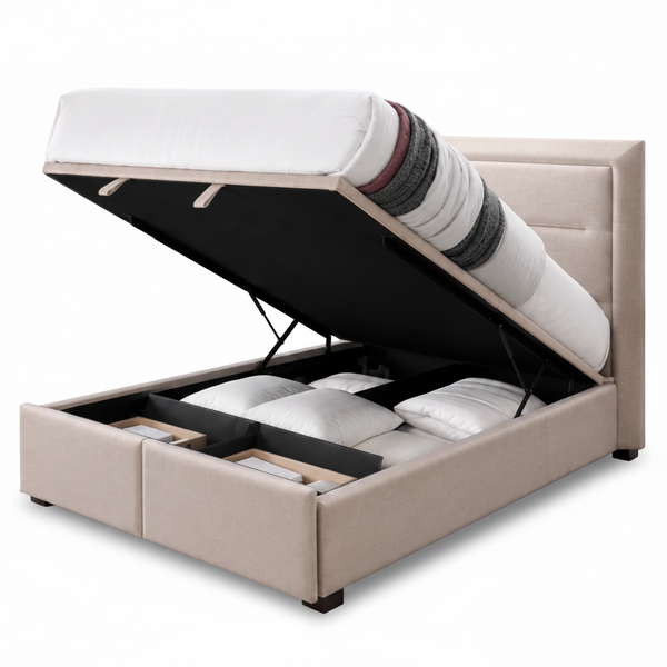 Norah Gas Lift Bed with Drawers Beige Fabric Queen or King Size Bed in Open Position