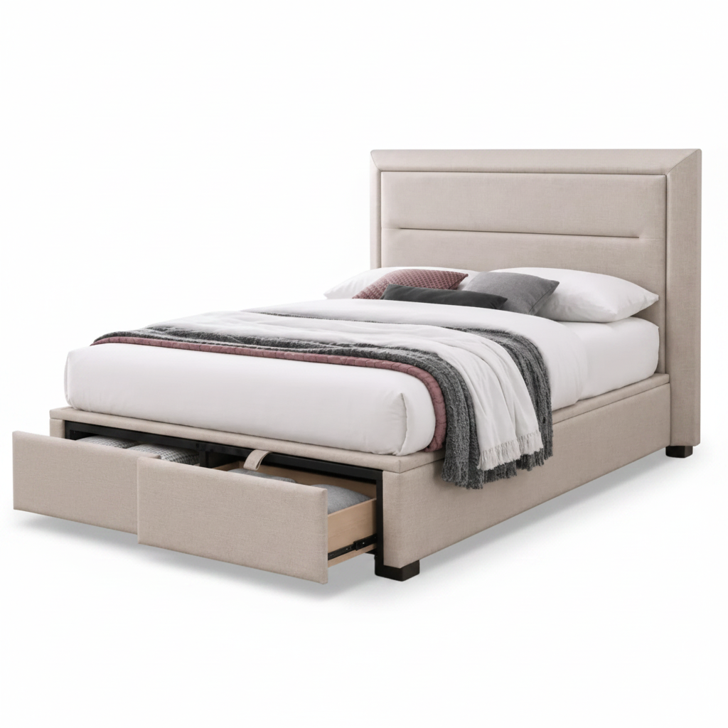 Norah Gas Lift Bed with Drawers Beige Fabric Queen or King Size