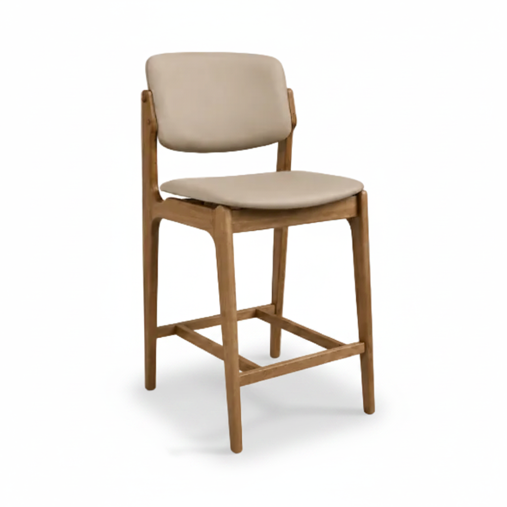 Olivia Bar Stool Light Walnut Frame Wood Beige Leather Scandinavian Retro Design Front Angle