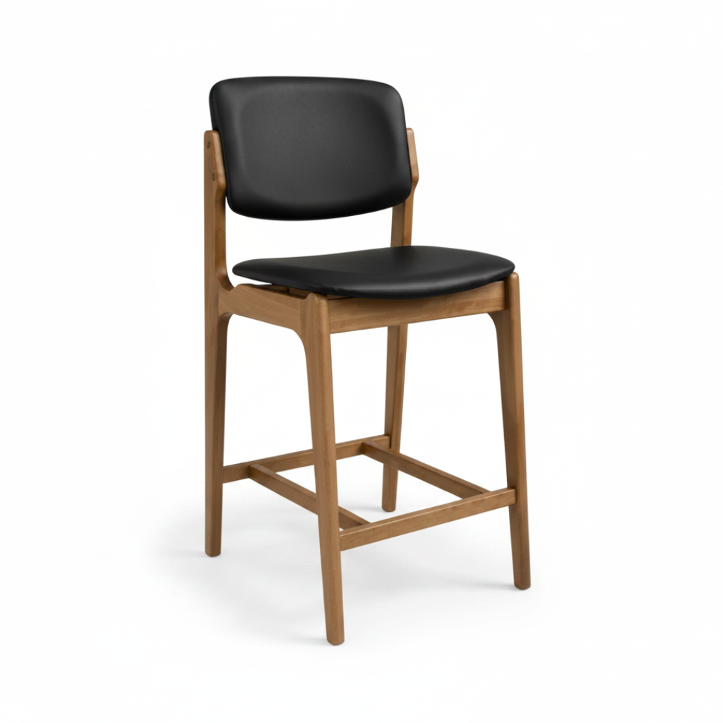 Olivia Bar Stool Light Walnut Frame Wood Beige Leather Scandinavian Retro Design Front Angle