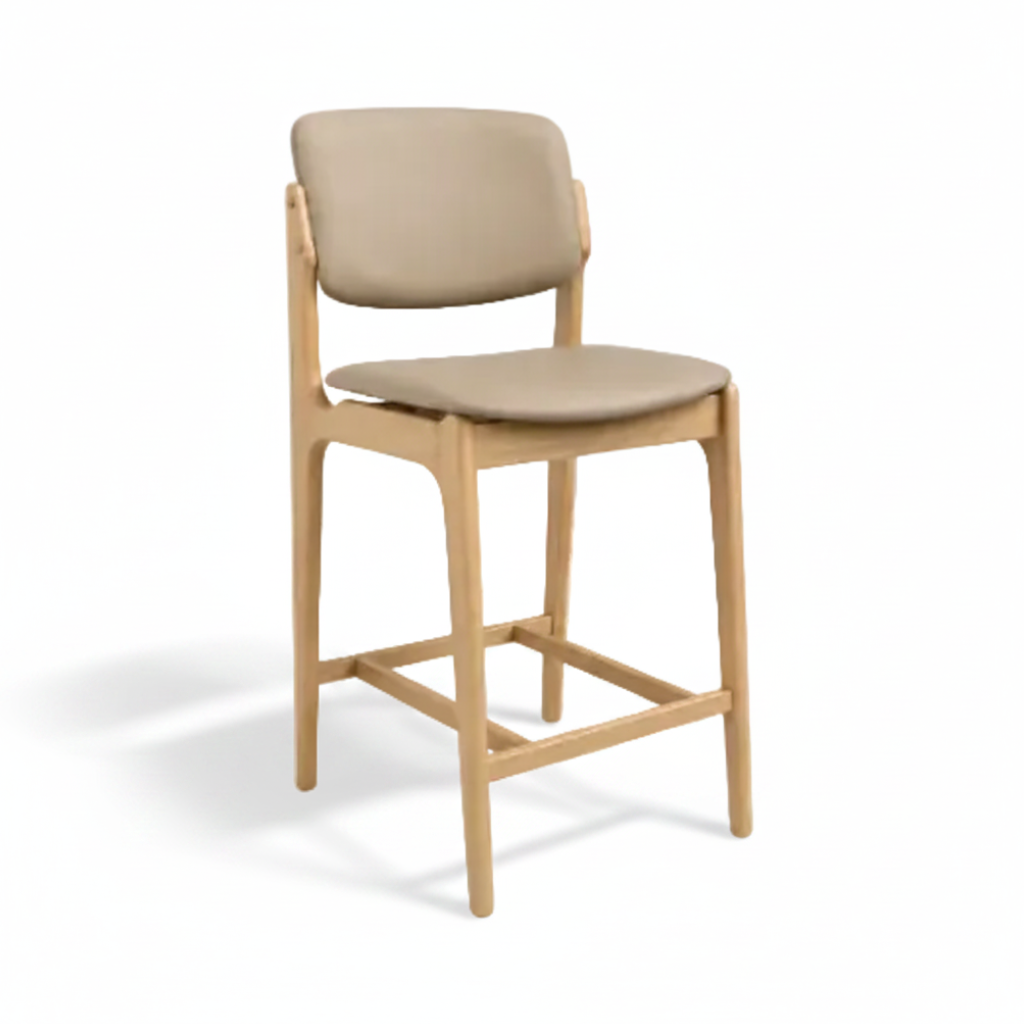 Olivia Bar Stool Natural Frame Wood Beige Leather Scandinavian Retro Design Front Angle