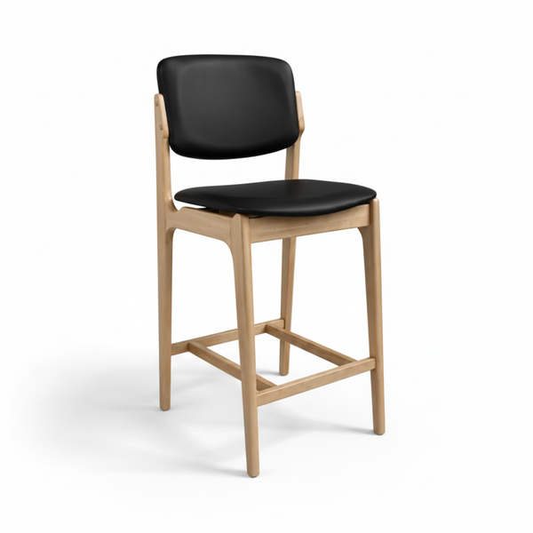 Olivia Bar Stool Natural Frame Wood Black Leather Scandinavian Retro Design Front Angle