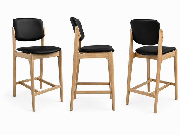 Olivia : Bar Stool in Natural Wood Black Leather