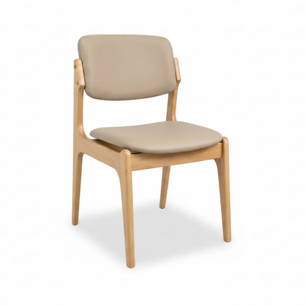 Olivia Dining Chair Natural Frame Wood Beige Leather Scandinavian Retro Design Front Angle