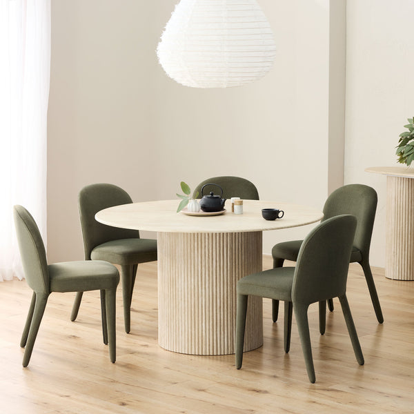 Olive dining chair with tall back, upholstered seat, and tapered legs