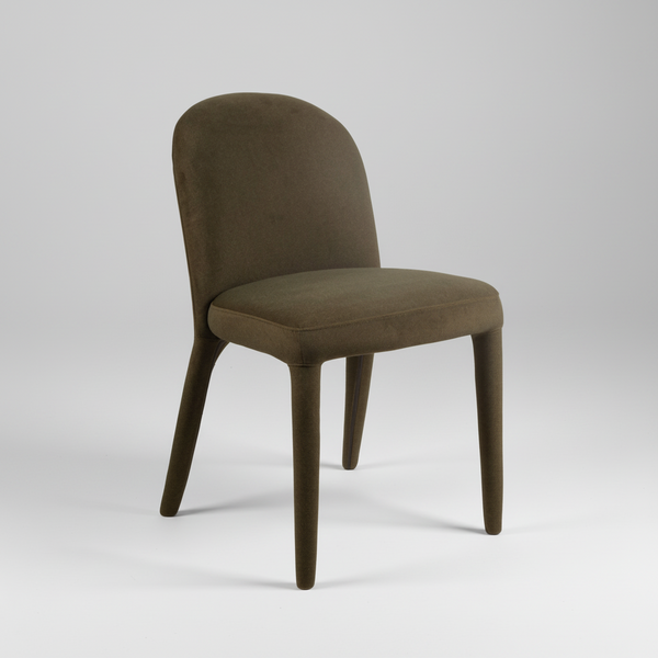 Dark olive dining chair with rounded backrest, padded seat, and tapered legs