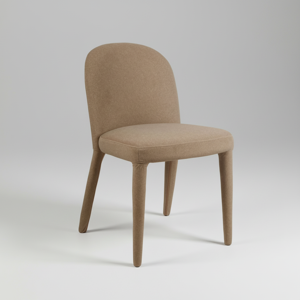 Linen dining chair with rounded backrest, upholstered seat, and tapered wooden legs, tan.