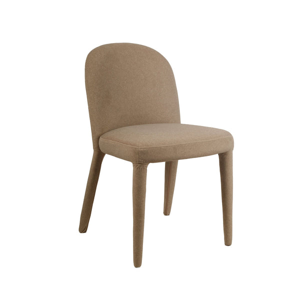 Linen dining chair with curved back and upholstered seat, taupe fabric.