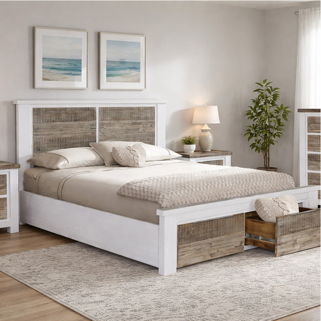 Queen bed frame with white posts and woven-look headboard and rails