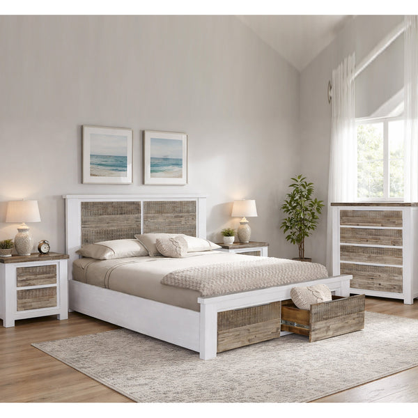 Queen bed frame with light upholstery and woven-look headboard detail