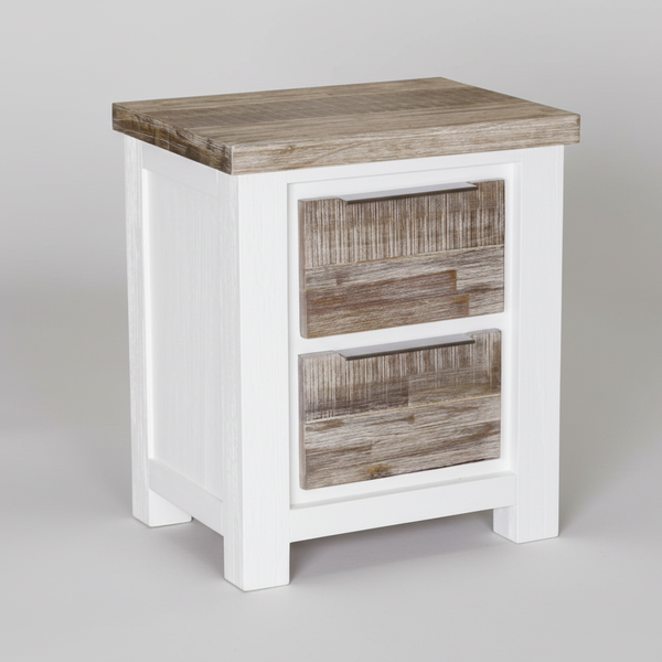 White bedside table with wood top and woven-look drawer fronts