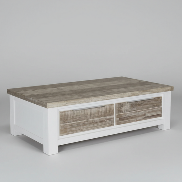 White coffee table with weathered wood top and two center drawers
