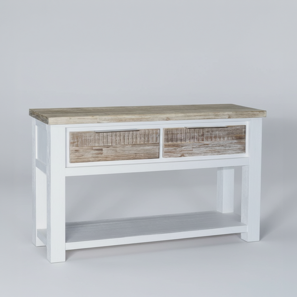 White console table with rustic wood top, two drawer fronts, and open lower shelf.