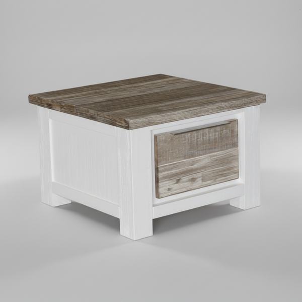White coffee table with weathered wood top and single side drawer