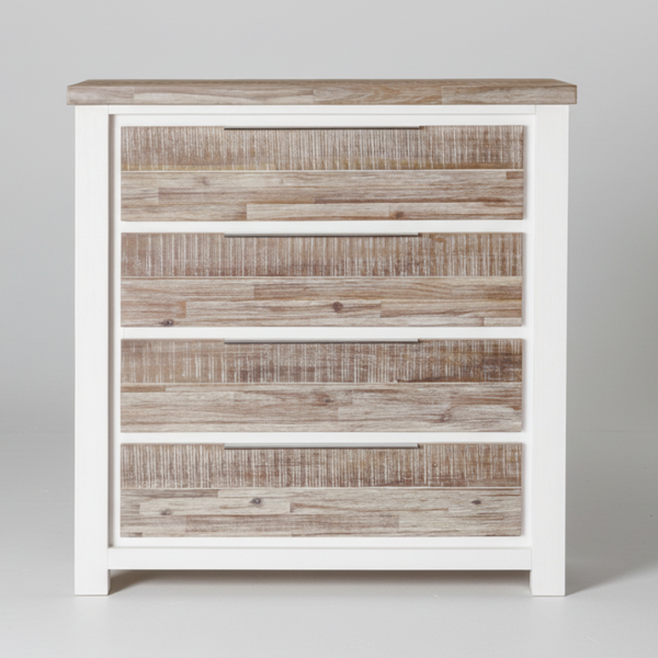 White tallboy chest with wood top and four woven-look drawer fronts