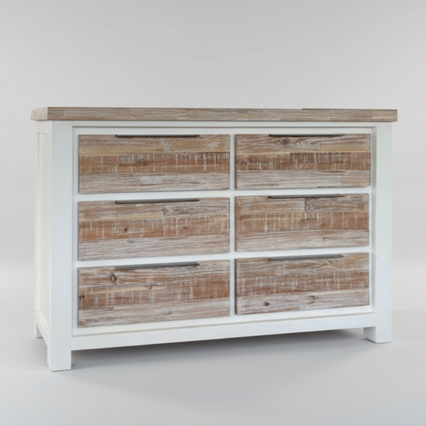 White dresser base with wood top and six woven-look drawer fronts